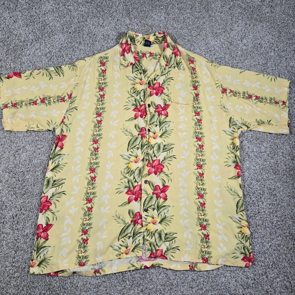 Hibiscus Collection Hawaii Men's‎ XL Aloha Shirt Yellow Red Floral Rayon EUC VTG